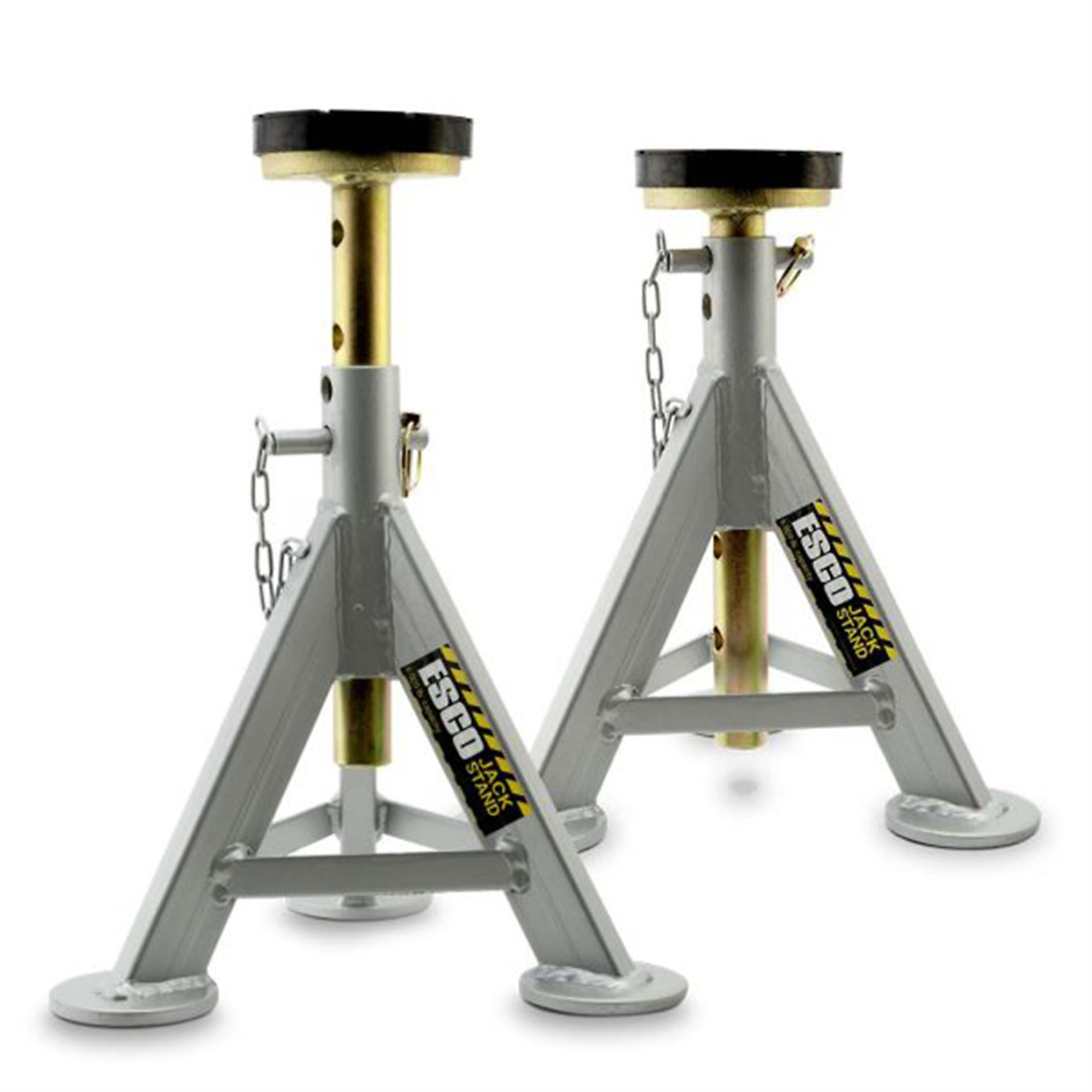 ESCO 10498 Pair Adjustable Jack Stands, Thirteen Point Two to Twenty One Point Five Inch Lift Range, Removable Rubber Flat Top, Circular Base Pads, Power Coated Finish